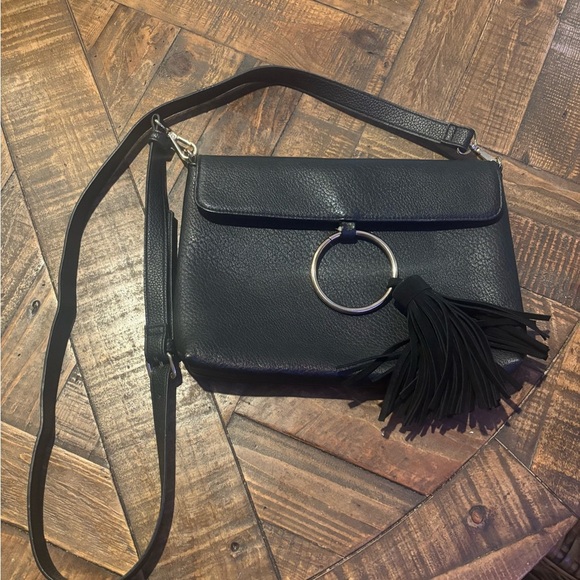 Anthropologie Street Level  Black Faux Leather Crossbody Bag with Tassel Detail. - Picture 12 of 12